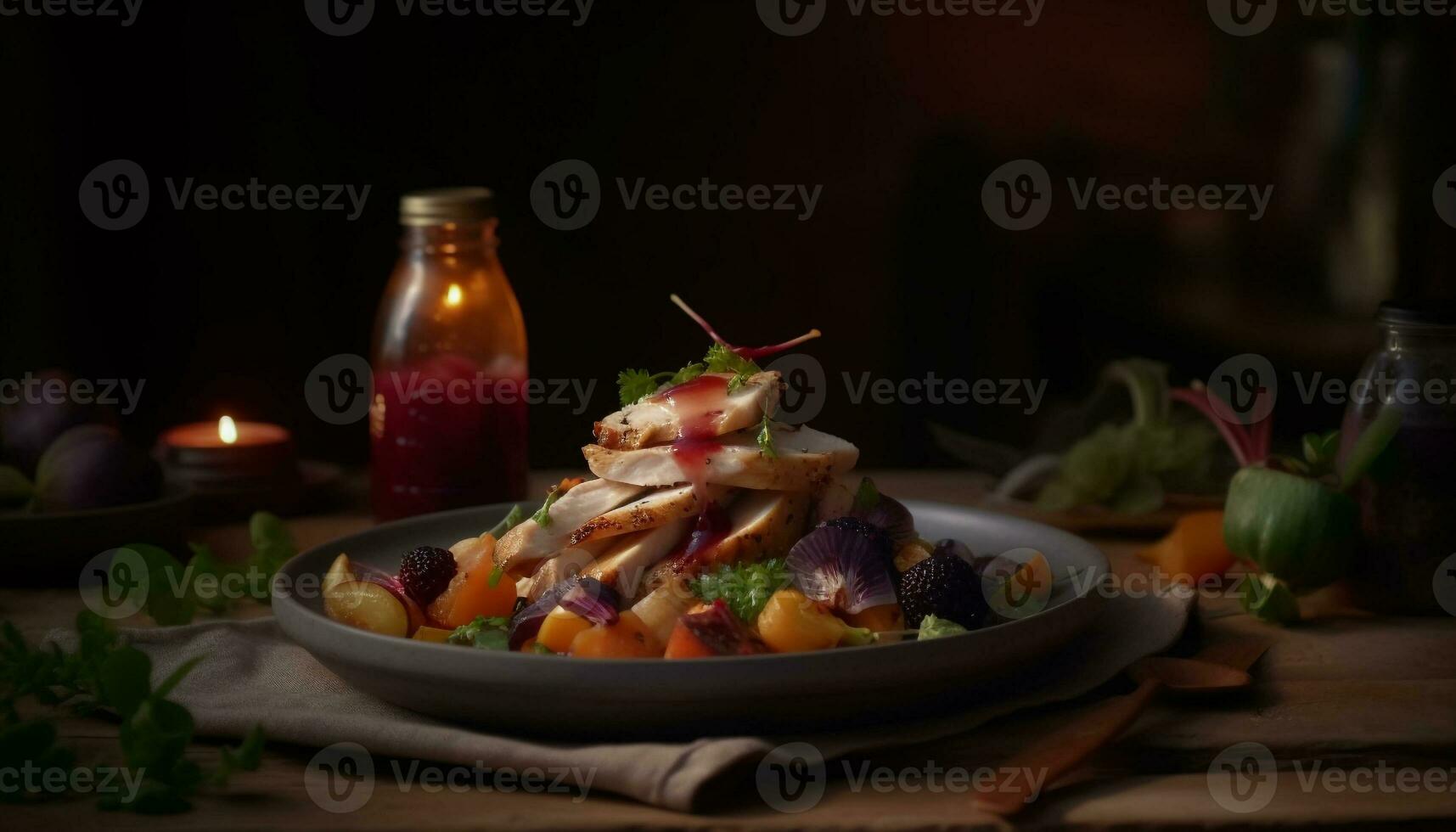 en rustik tallrik av grillad kött och grönsaker för lunch genererad förbi ai foto