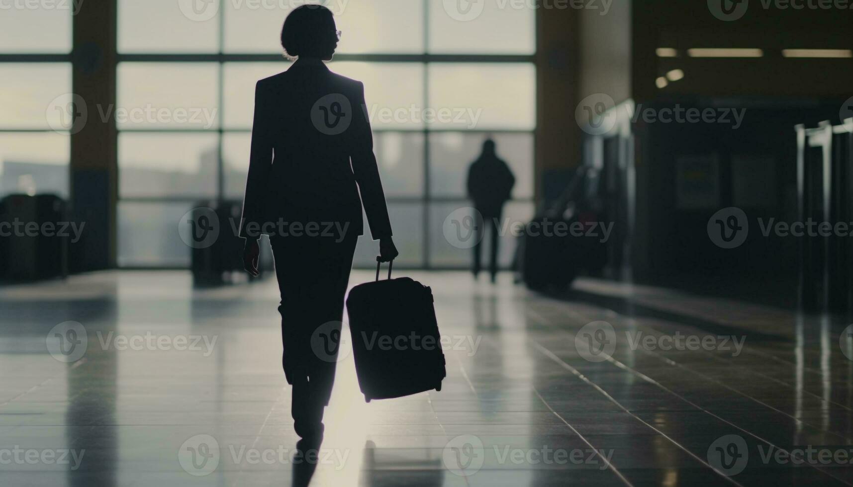 silhuett av affärsman gående med resväska i modern flygplats lobby genererad förbi ai foto