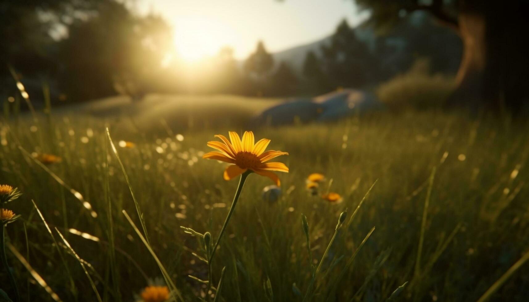 vibrerande gul daisy blommar i lugn äng på solnedgång genererad förbi ai foto