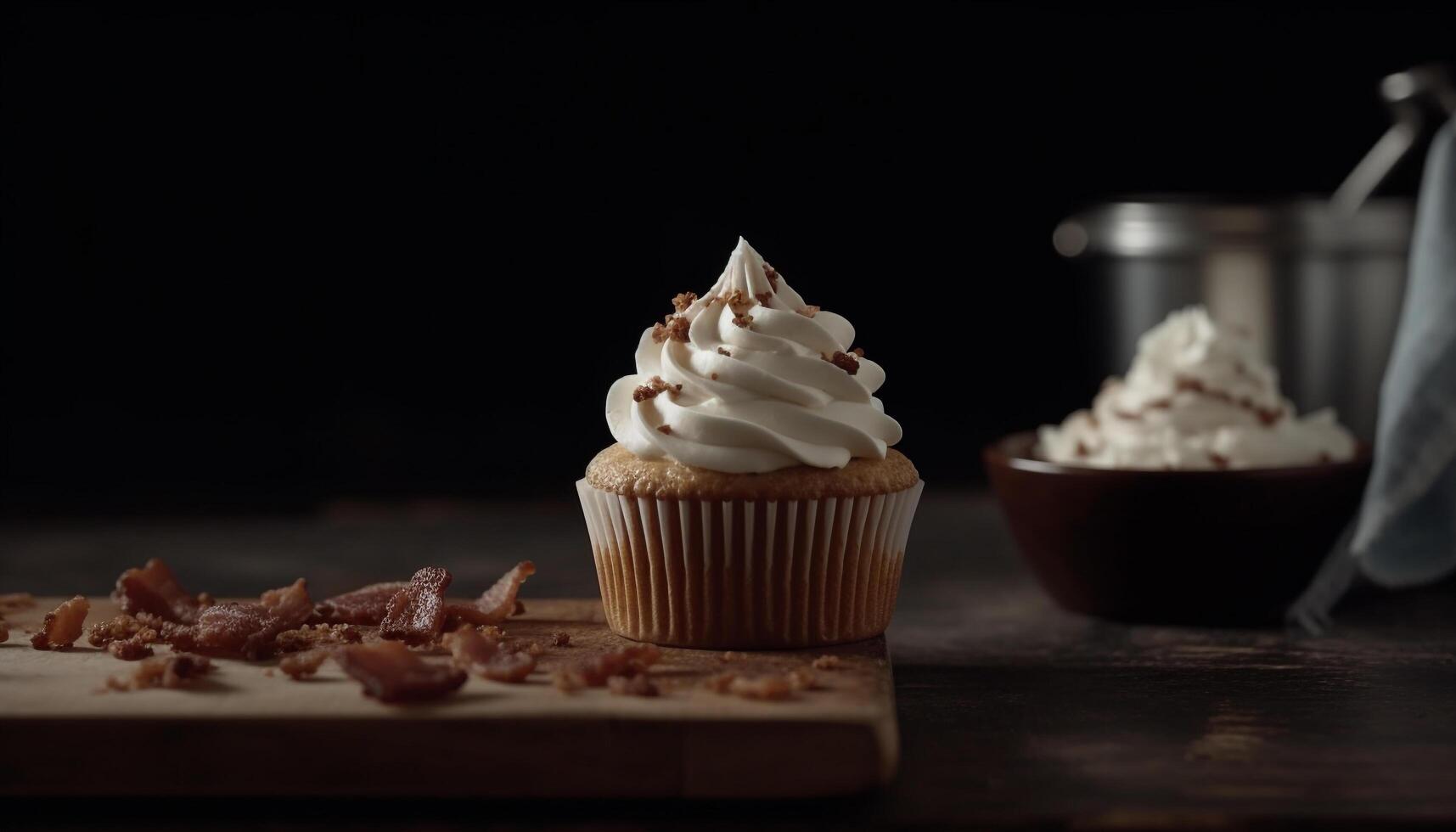 eftergiven hemlagad muffins med choklad glasyr, en gourmet efterrätt glädje genererad förbi ai foto