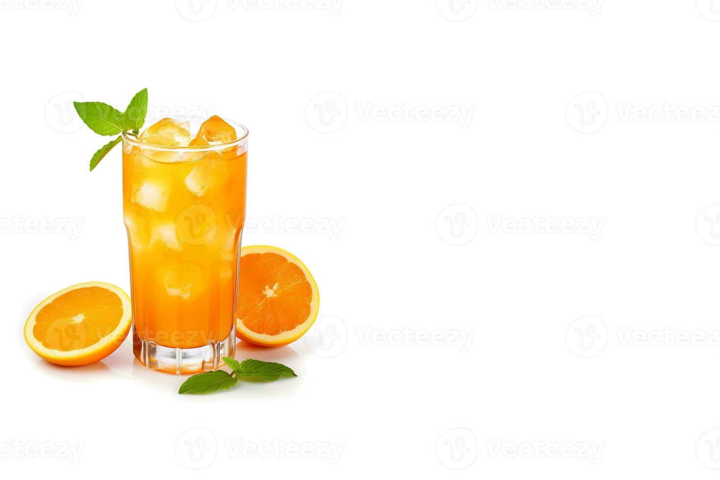 glas av färsk orange juice och orange skivor isolerat på vit bakgrund med kopia Plats. generera ai foto