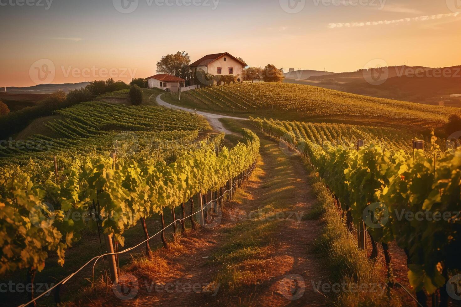 vingårdar med vinranka och vintillverkare längs vin väg i de kväll Sol. ai generativ foto