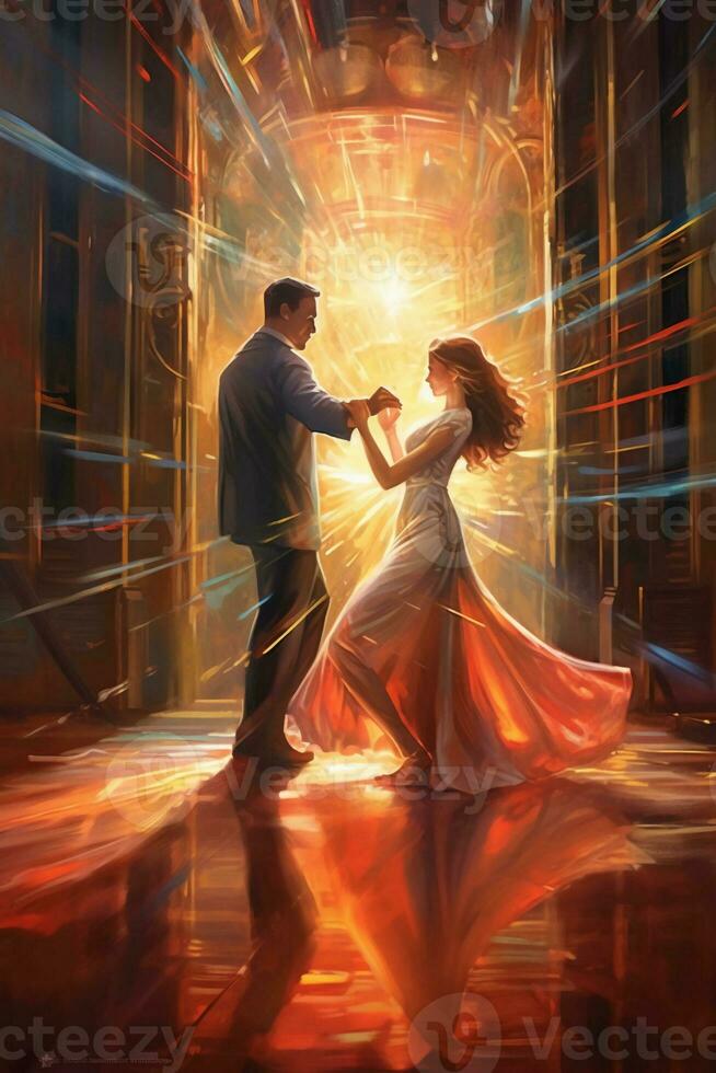 man och kvinna dansa i en rum med balkar av ljus Bakom dem. ai generativ foto