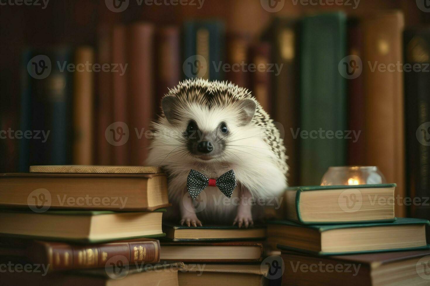 ai genererad charmig igelkott bär en mycket liten rosett slips, omgiven förbi böcker i en mysigt bibliotek. foto