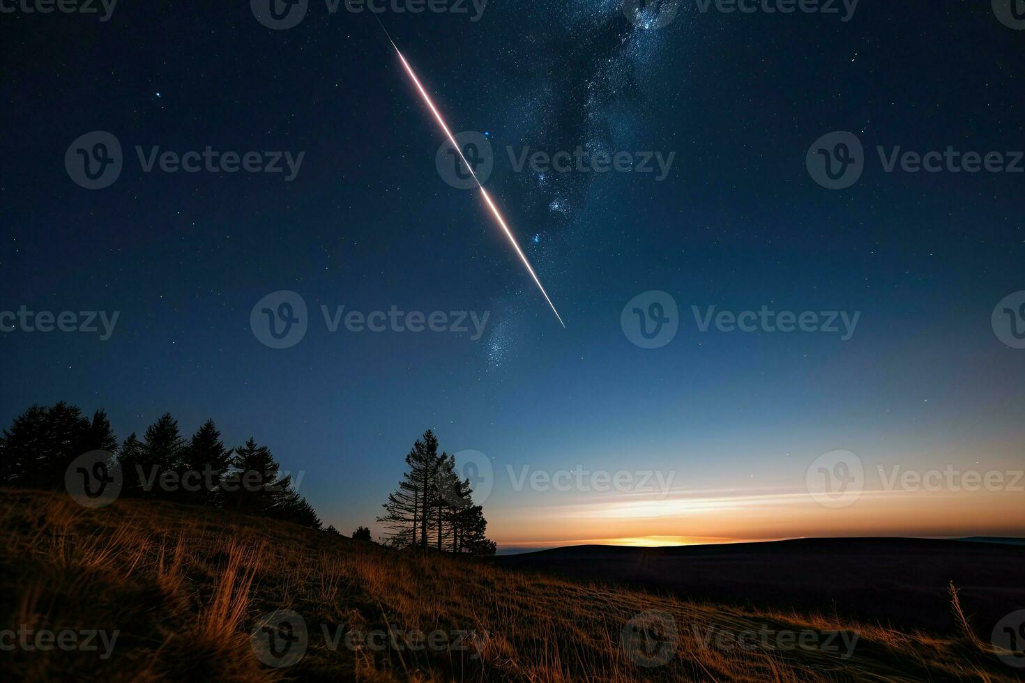 ai genererad skytte stjärna ränder tvärs över de himmel, lämnar en spår av ljus i dess vakna. foto