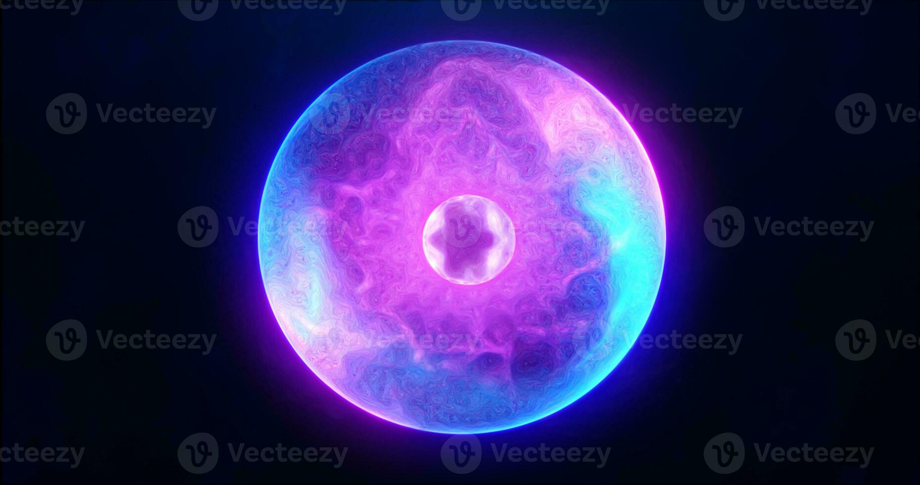 blå lila energi sfär med lysande ljus partiklar, atom med elektroner och elektriska magi fält vetenskaplig trogen hi-tech abstrakt bakgrund foto