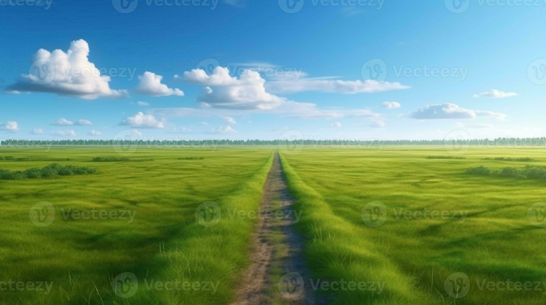 rustik smuts naturskön väg med grön gräs och horisont med blå himmel. ai genererad foto