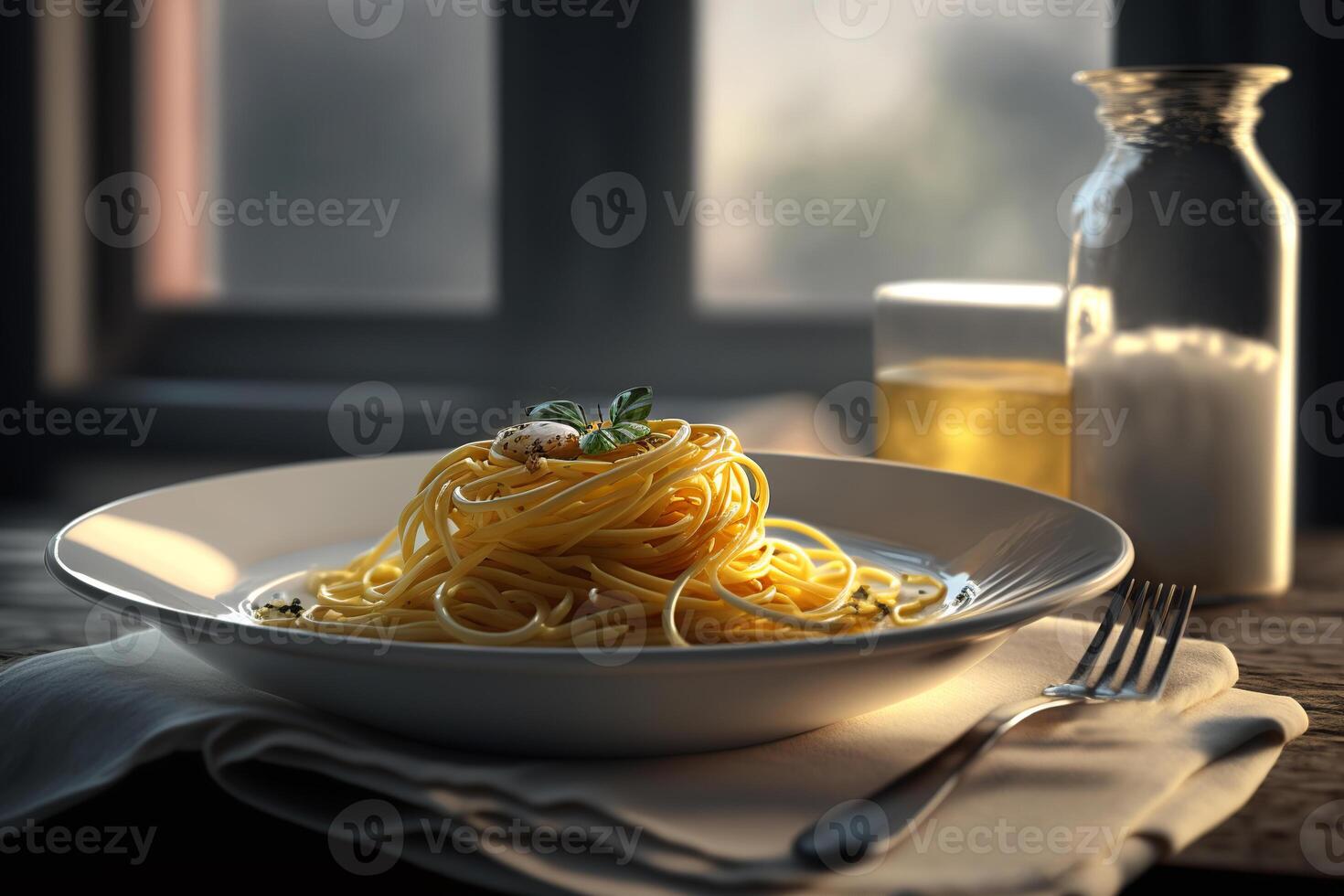 italiensk pasta, kokta spaghetti i tallrik, gaffel och dryck på tabell förbi fönster. traditionell maträtt . generativ ai. foto