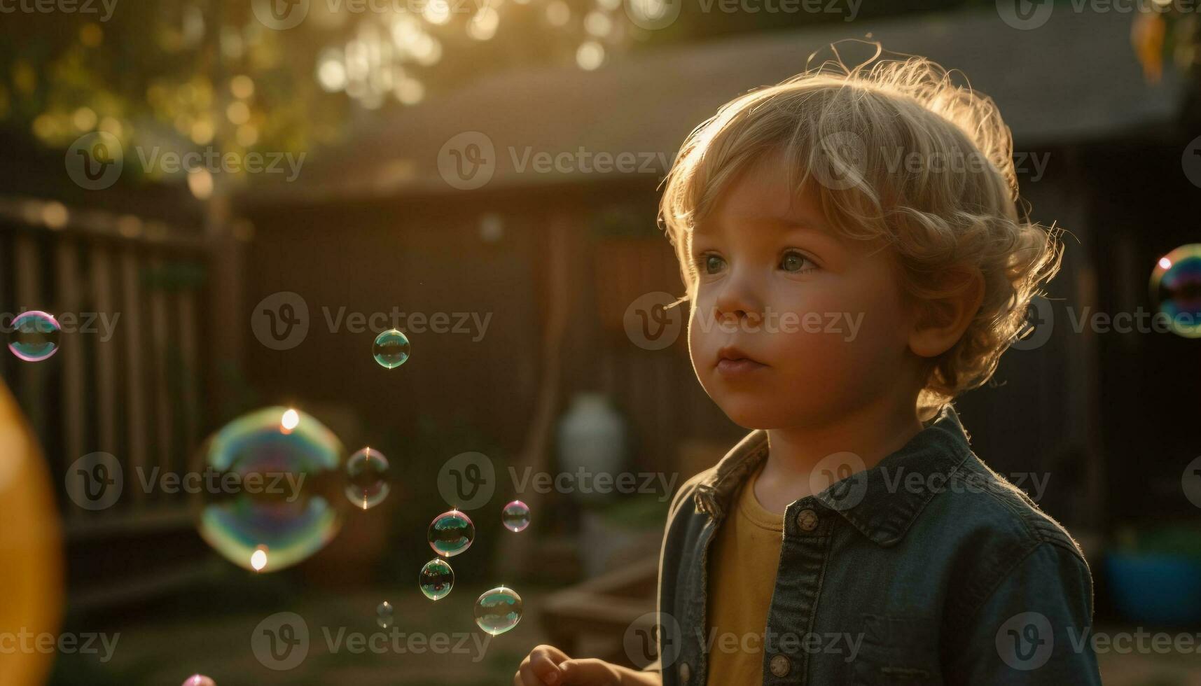 söt caucasian litet barn blåser bubblor i natur genererad förbi ai foto