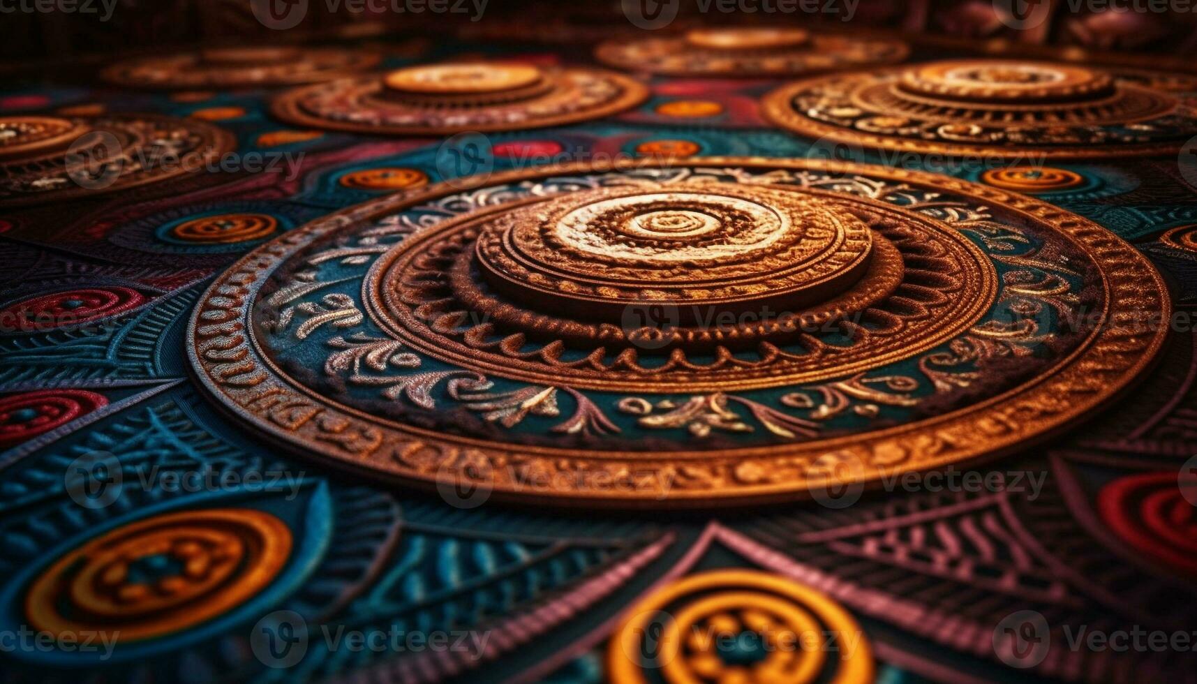 utsmyckad mandala matta med vibrerande blommig mönster genererad förbi ai foto