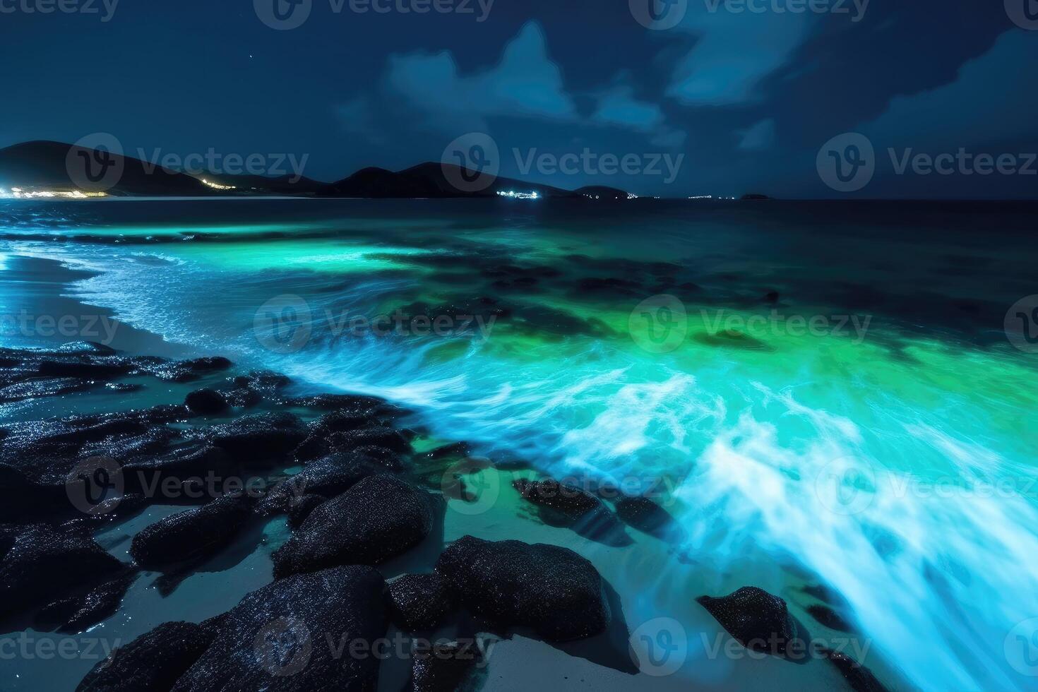 ai genererad bioluminescerande plankton på hav strand. foto