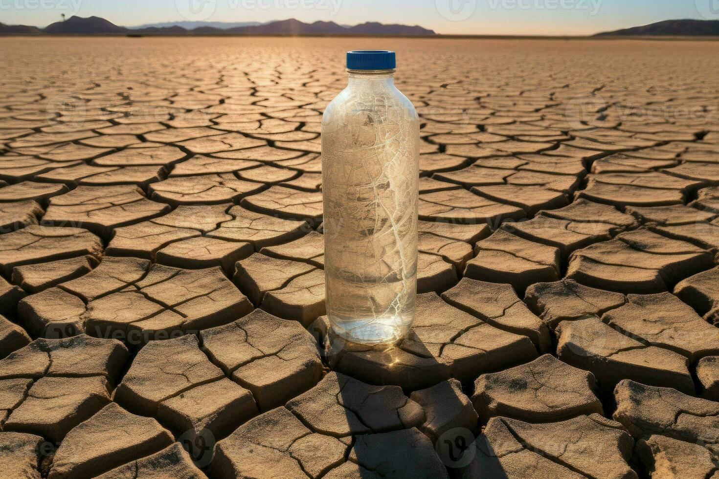 ai genererad vatten flaska stående i torr sjö öken- jord. foto