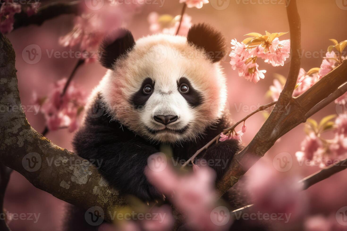 ai genererad söt bebis panda Sammanträde på en träd gren, omgiven förbi rosa körsbär blommar och grön löv, med en mjuk, diffunderade ljus gjutning en värma glöd på dess päls. foto