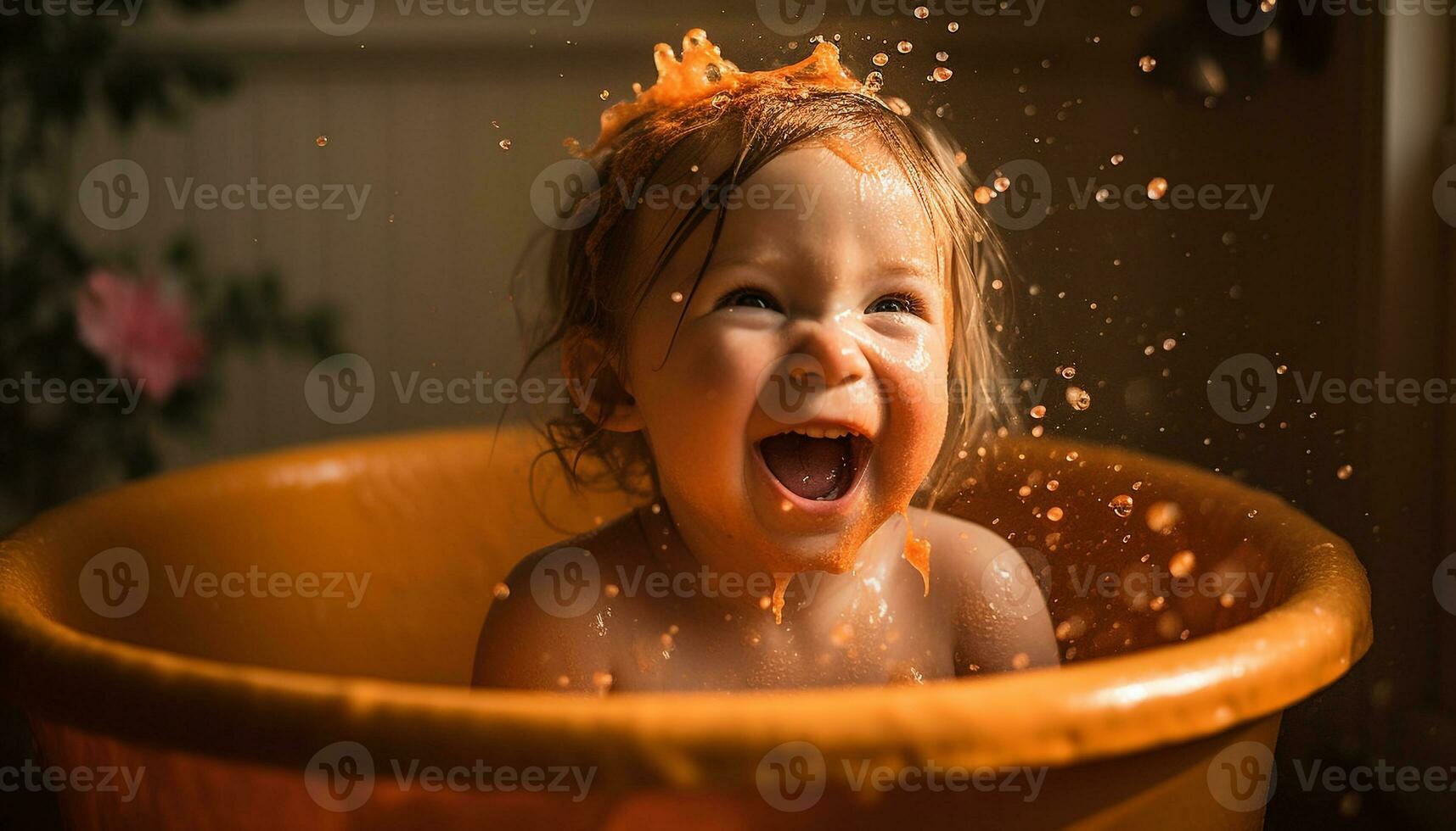 söt caucasian bebis leende medan njuter en lekfull bubbla bad genererad förbi ai foto