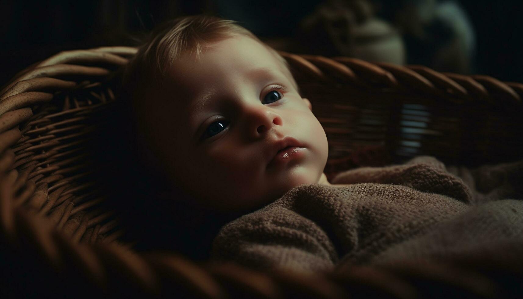 söt bebis pojke porträtt, caucasian etnicitet, små och oskyldig inomhus genererad förbi ai foto