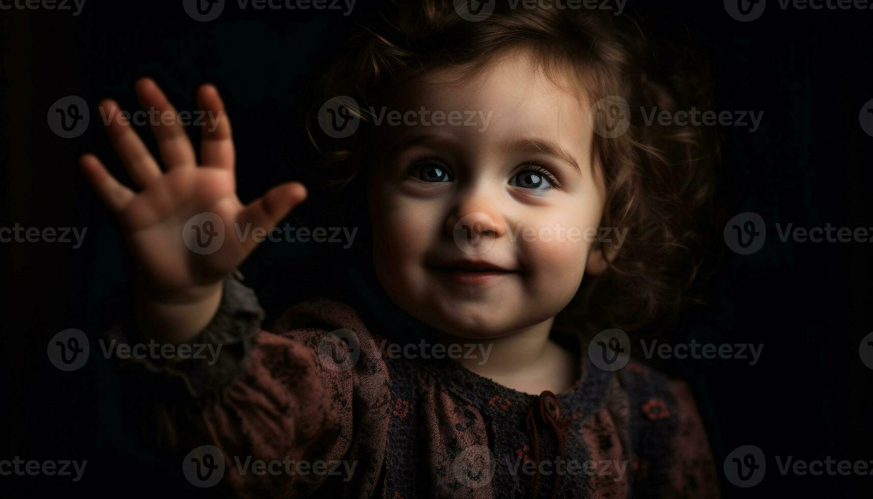 glad bebis flicka med blå ögon Sammanträde och leende lekfullt inomhus genererad förbi ai foto