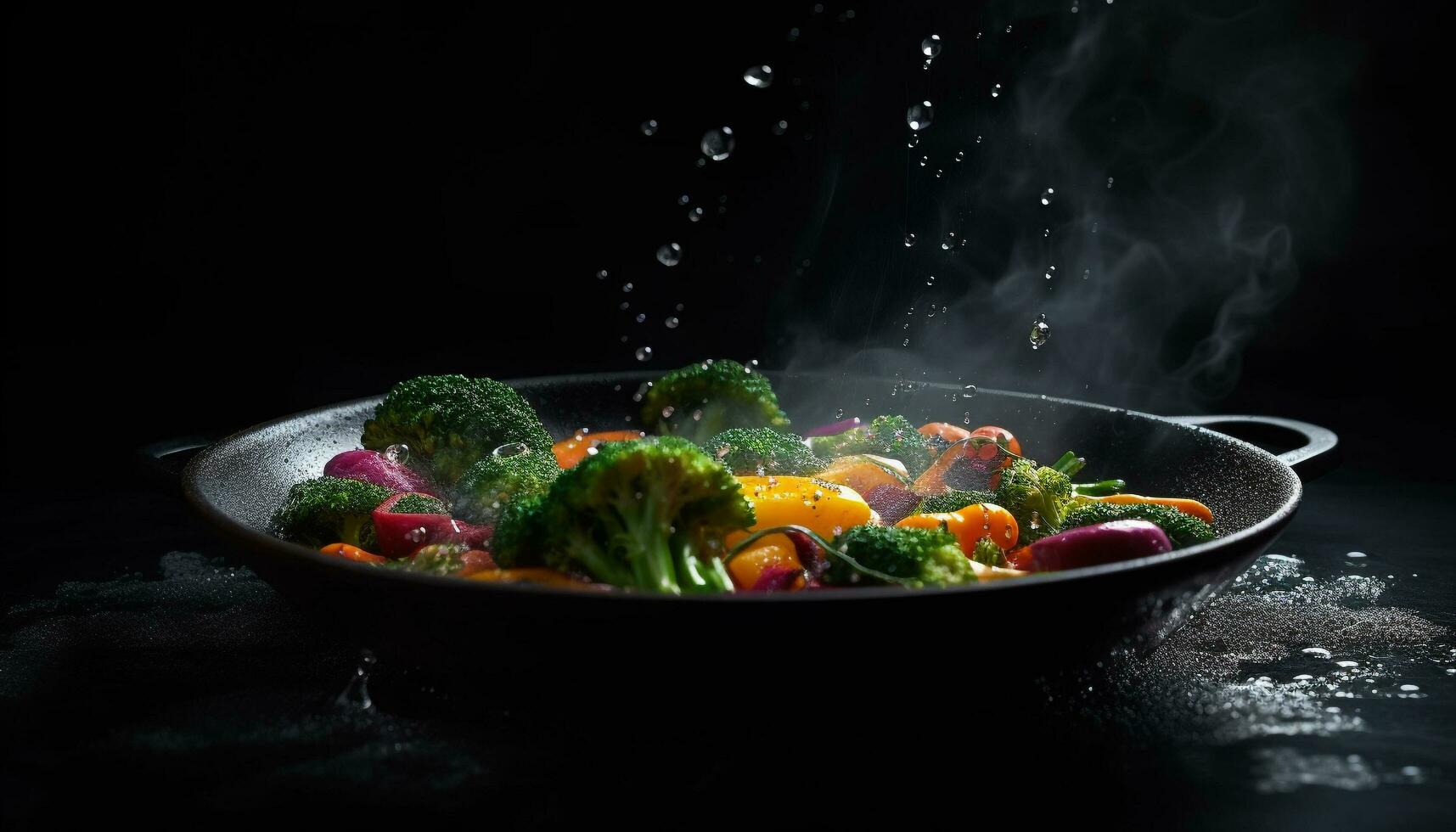 friska vegetarian lunch med färsk broccoli, tomat, morot, och klocka peppar sallad genererad förbi ai foto
