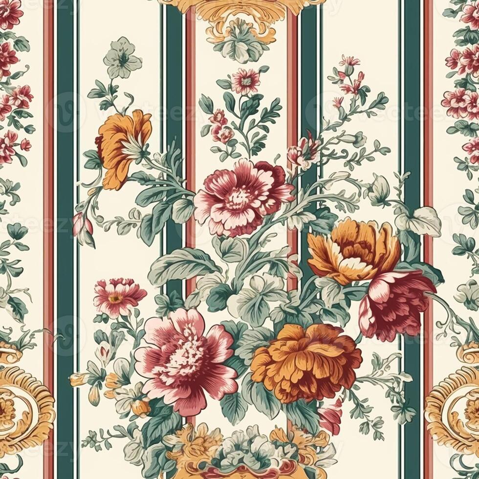 sömlös mönster med blommor, klassisk Land stuga stil blommig och Ränder skriva ut för tapet, tyg och produkt design, generativ ai foto