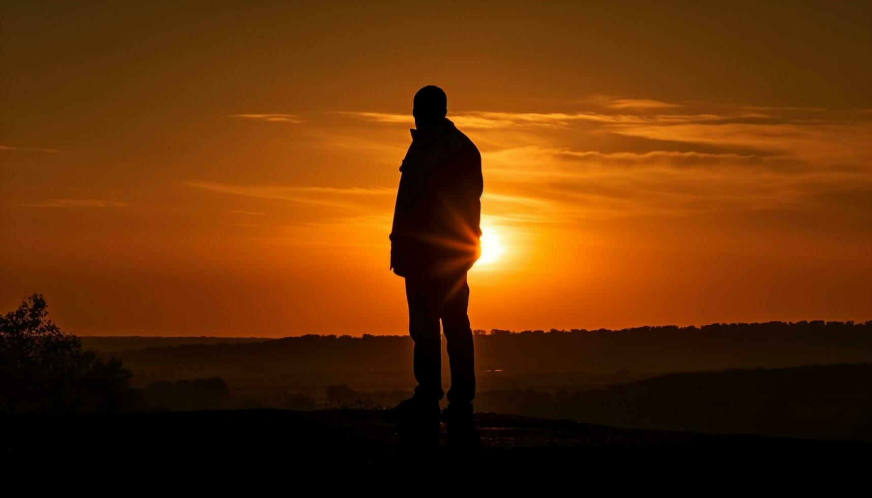 stående silhuett i lugn soluppgång, mediterar ensam genererad förbi ai foto
