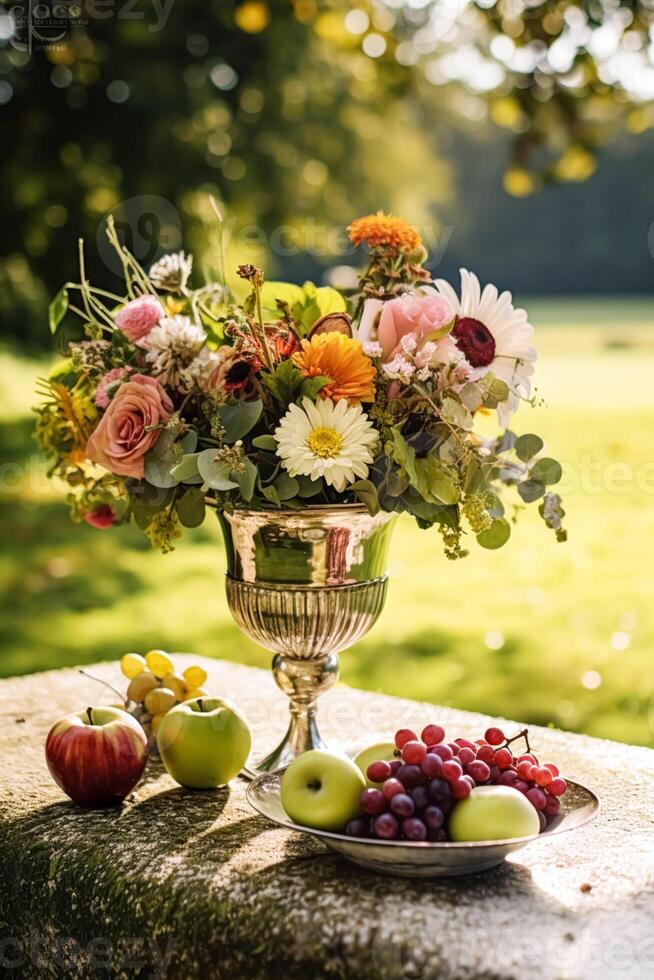 Land liv, frukt trädgård och blommig dekor, höstlig blommor och höst frukt skörda firande, Land stuga stil, generativ ai foto