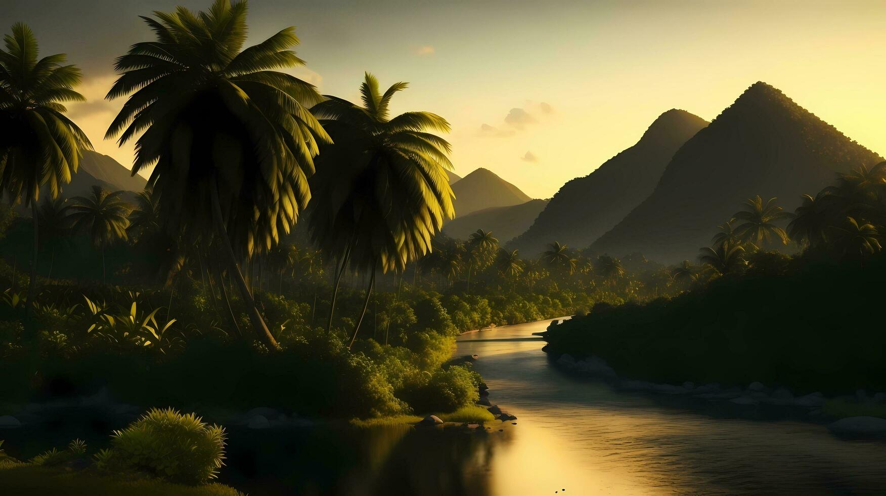 skön solnedgång över de berg och flod, tropisk ö, generativ ai konst foto