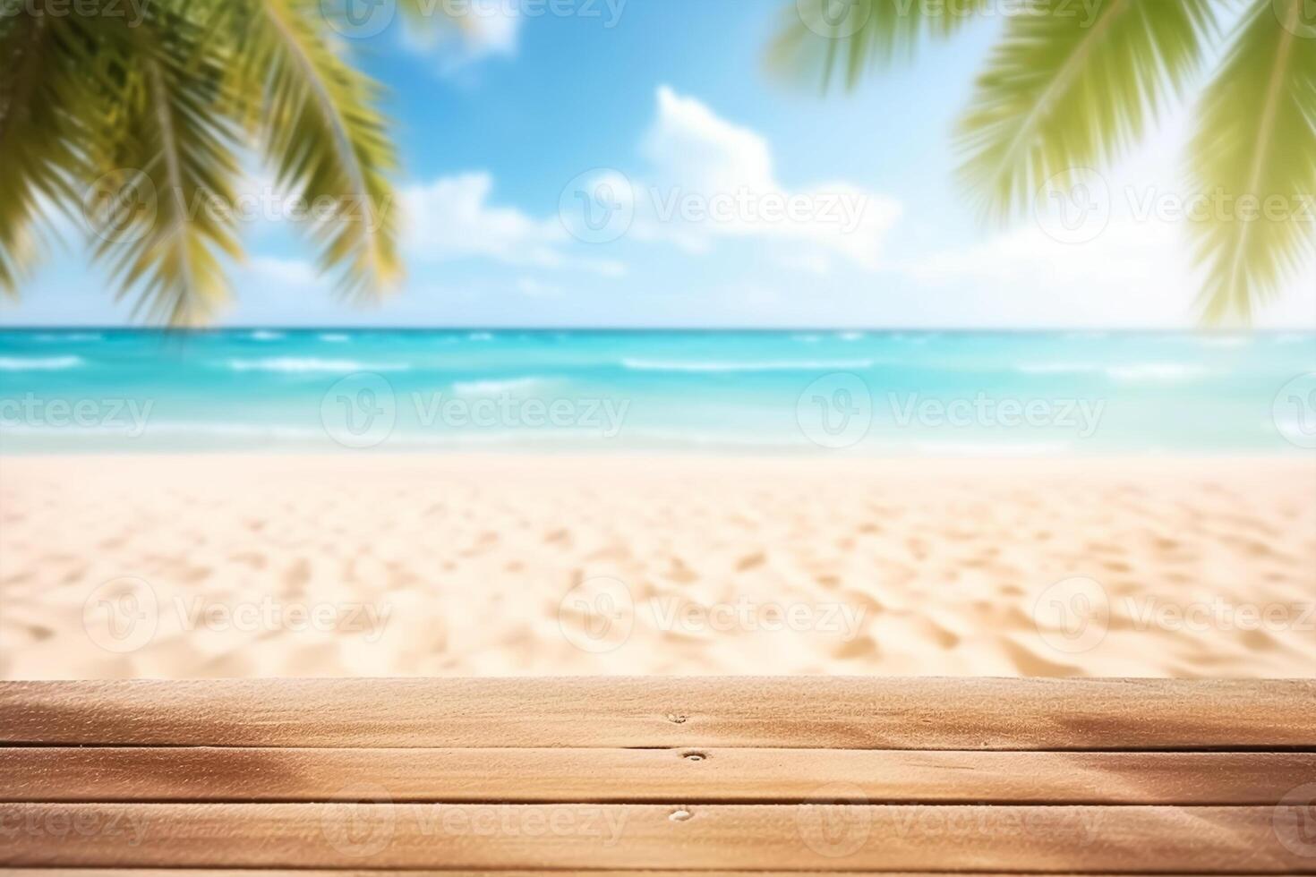 produkt presentation i natur. tropisk bra sandig strand med suddig hav Sol himmel på tömma gammal natur trä- tabell abstrakt sommar avslappning bakgrund. generativ ai foto