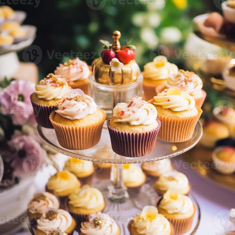 cupcakes, kakor, scones och muffins och Semester dekoration utomhus på de engelsk Land stil trädgård, ljuv desserter för bröllop, födelsedag eller fest firande, generativ ai foto