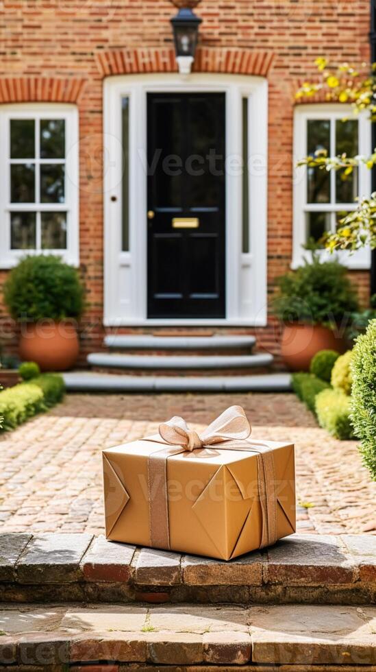 elegant gåva affär leverans, post service och lyx uppkopplad handla, paket låda med en rosett på en hus tröskel i de landsbygden, generativ ai foto