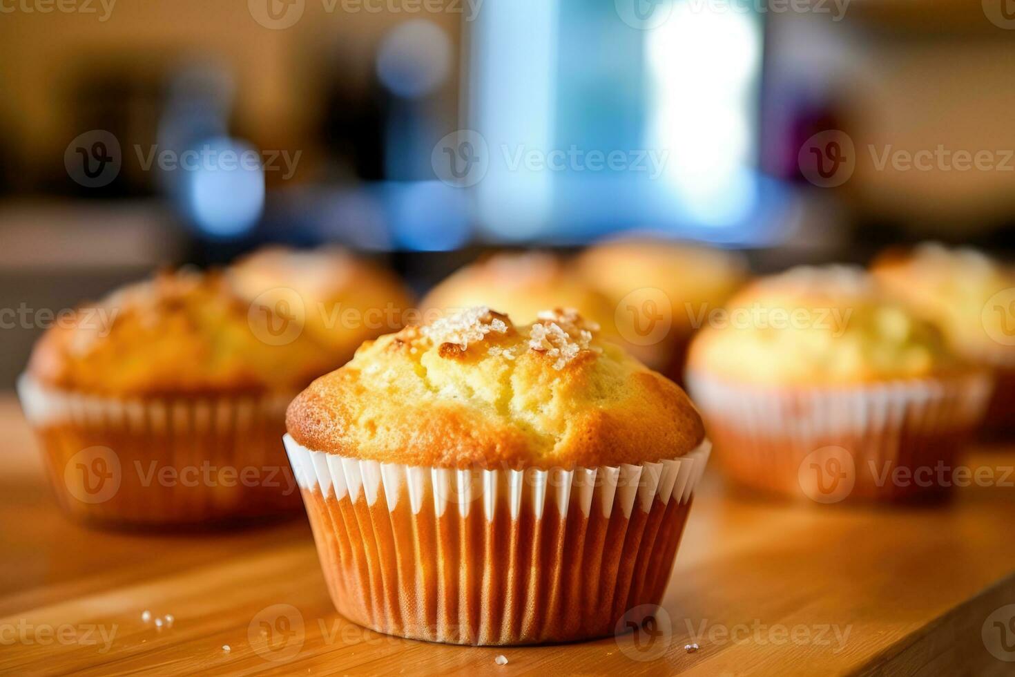 muffins i de kök tabell professionell mat fotografi ai genererad foto