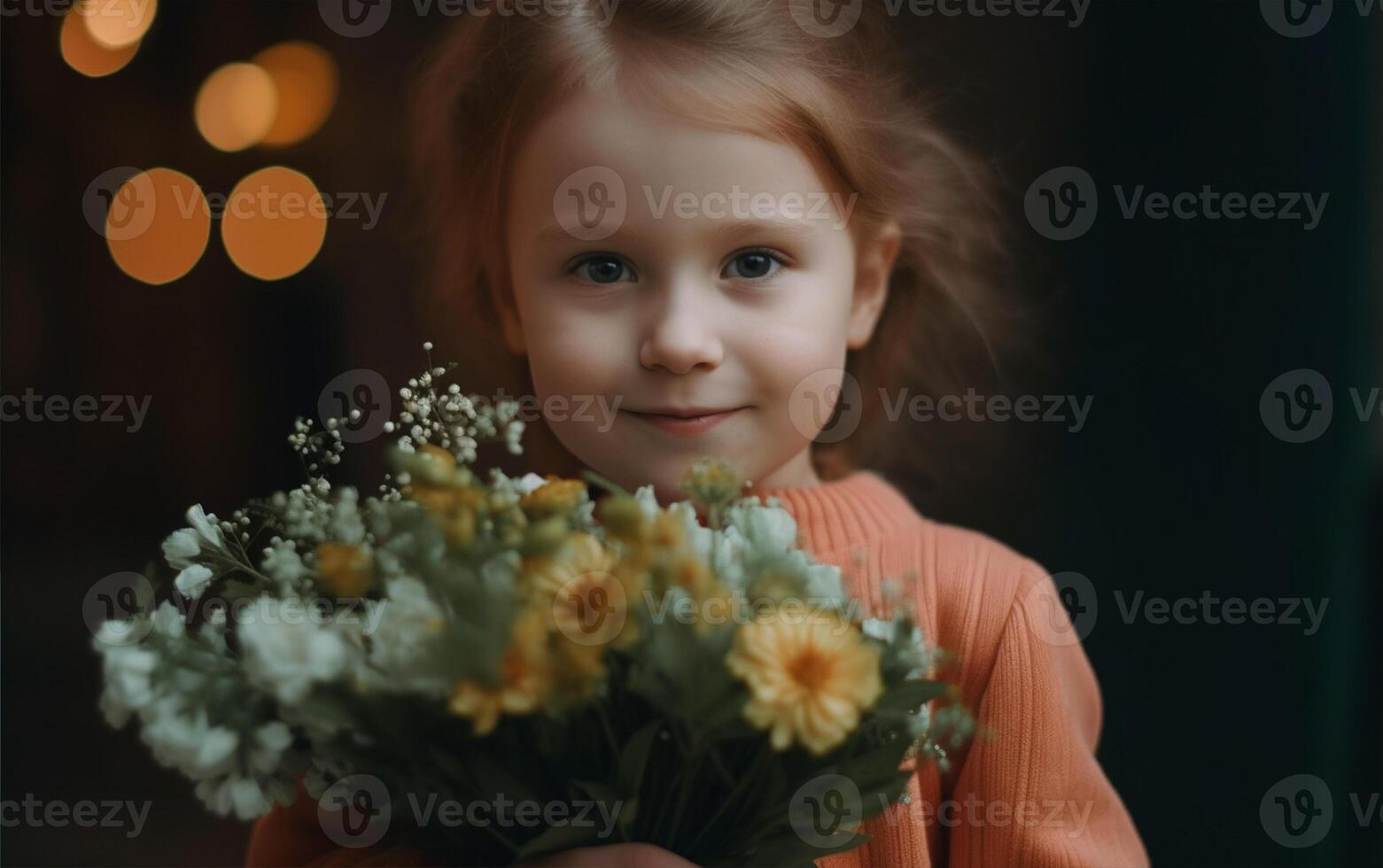 söt liten flicka med en skön bukett av blommor i henne händer ai generativ foto