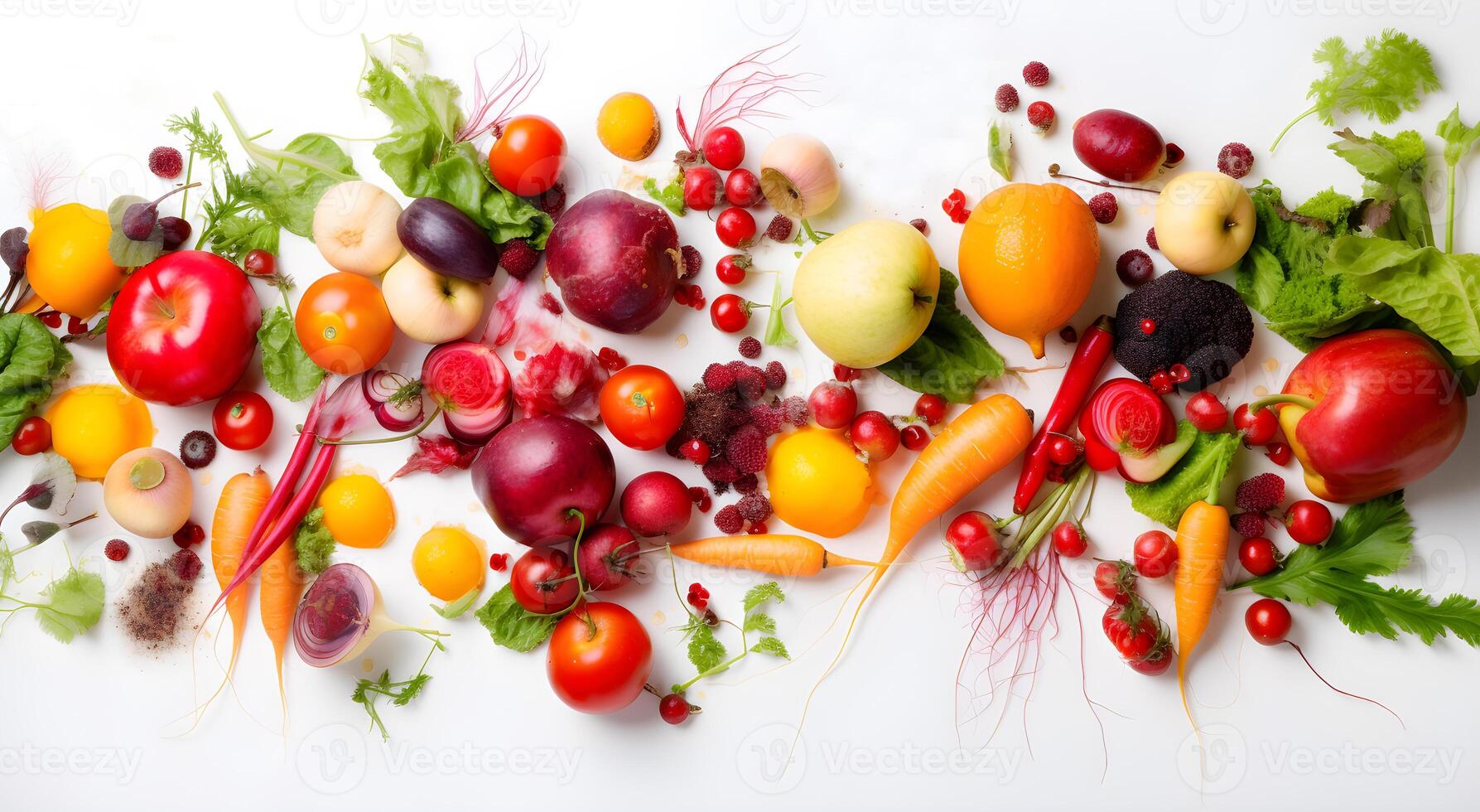 vegetarian mat Produkter mängd, över huvudet skott med kopia Plats. frukt, grönsaker, ost, svamp, nötter, baljväxter, en platt lägga. de begrepp av en friska diet, generativ ai foto