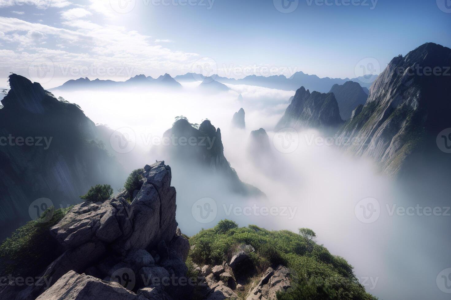 dimmig berg landskap på de morgon. ai genererad foto