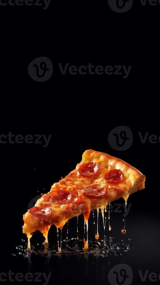 gott skiva av pepperoni pizza och matlagning Ingredienser tomater basilika på svart bakgrund. främre se horisontell av varm pepperoni pizza med kopia Plats för text. platt lägga skapas med generativ ai foto