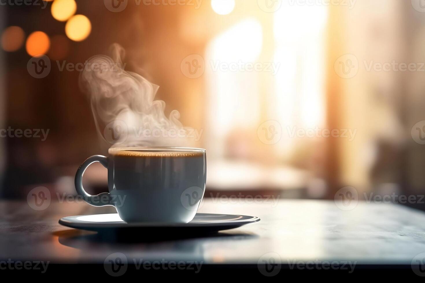 närbild av vit kaffe kopp på Kafé tabell med suddig bakgrund ai genererad foto