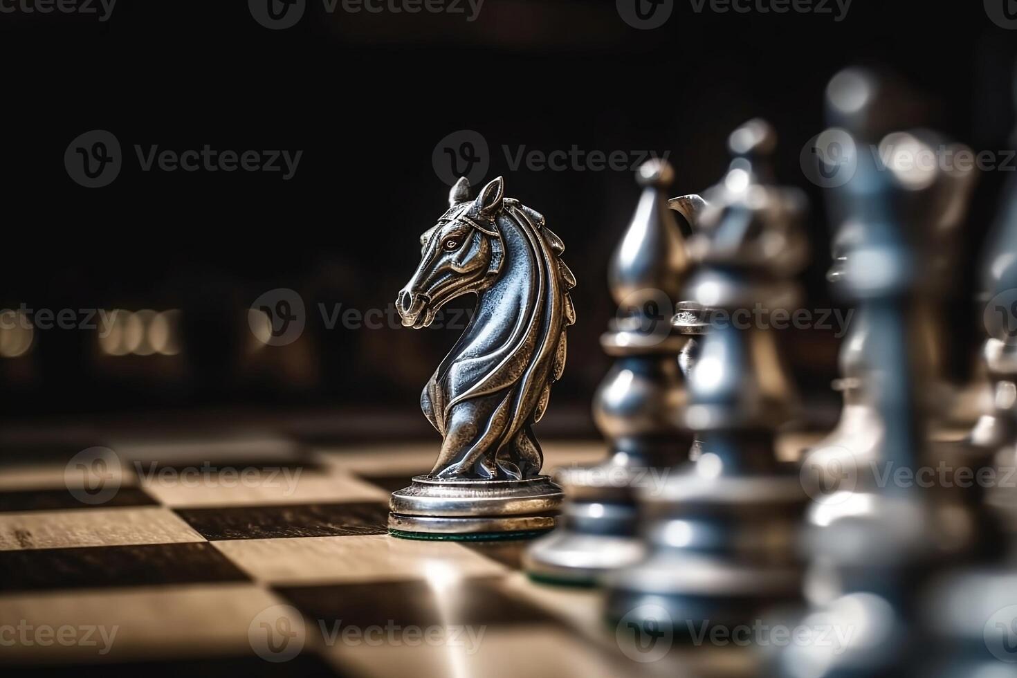 ledarskap och seger i schack spel. närbild av häst och pantsätta. företag begrepp ai genererad foto