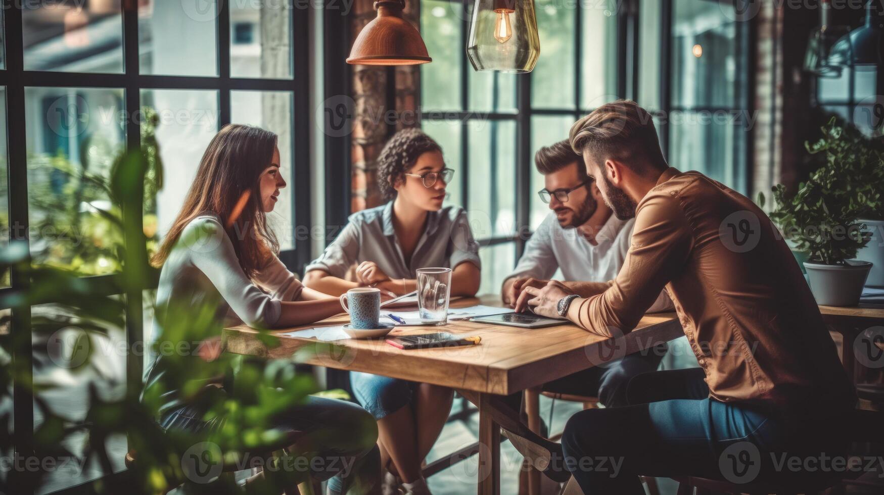 företag människor diskuterar arbete i en coffe affär. ai genererad foto