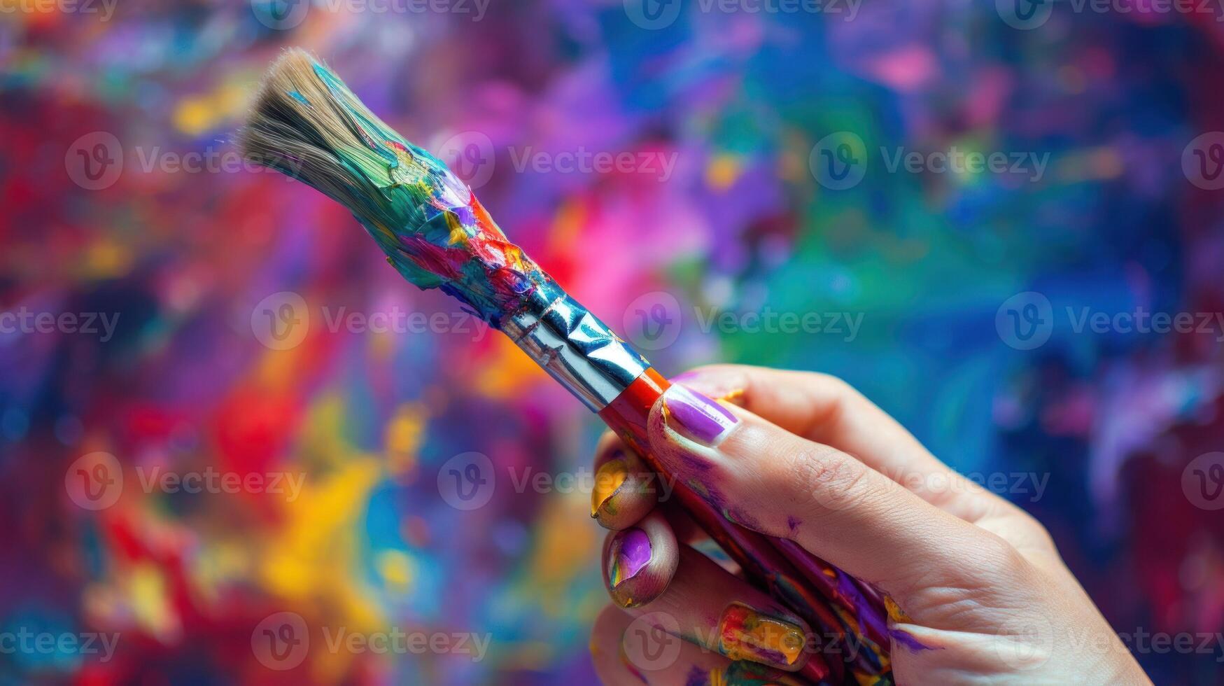 en närbild skott av en hand innehav en paintbrush och skapande färgrik stroke på en duk, visa upp konstnärlig uttryck. ai genererad foto