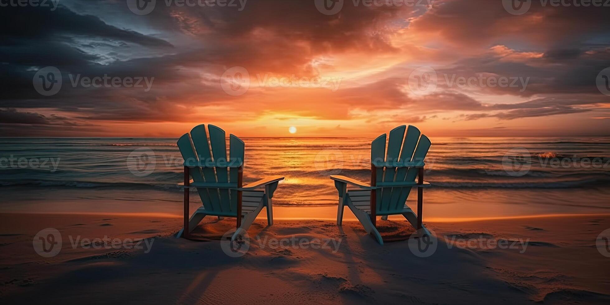 soluppgång hav se. paradis strand stolar i de lugn marinmålning ai genererad foto