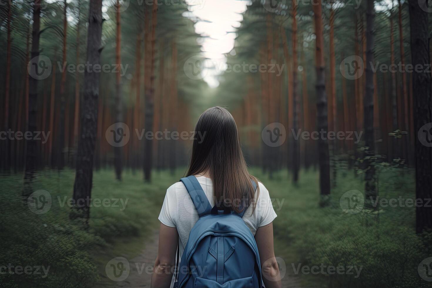 tillbaka se ung kvinna med en ryggsäck stående i de skog. frihet och natur begrepp. ai genererad foto