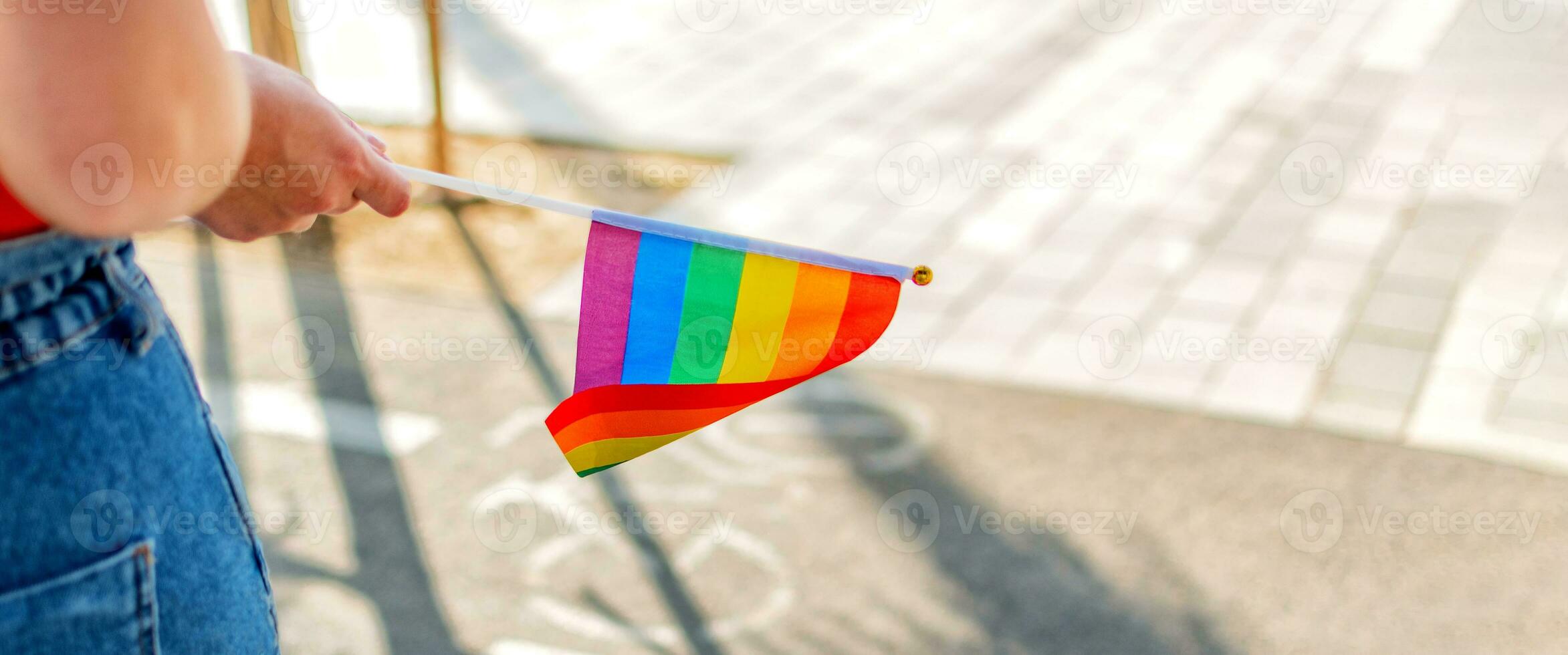 baner av små regnbåge stolthet flagga. foto