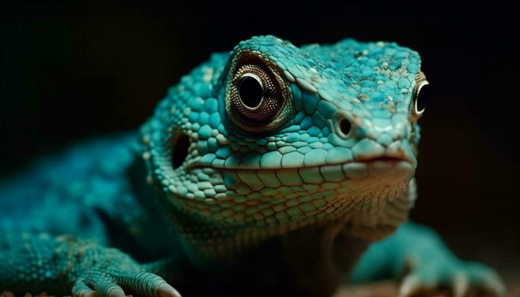 grön gecko stirrande med blå djur- öga genererad förbi ai foto