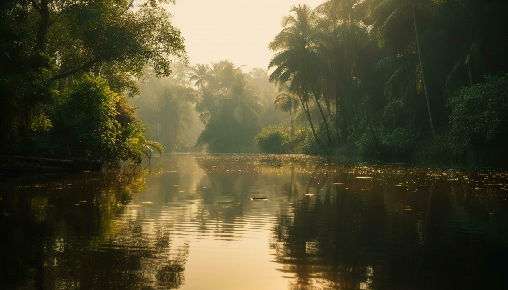 lugn solnedgång över tropisk regnskog och damm genererad förbi ai foto