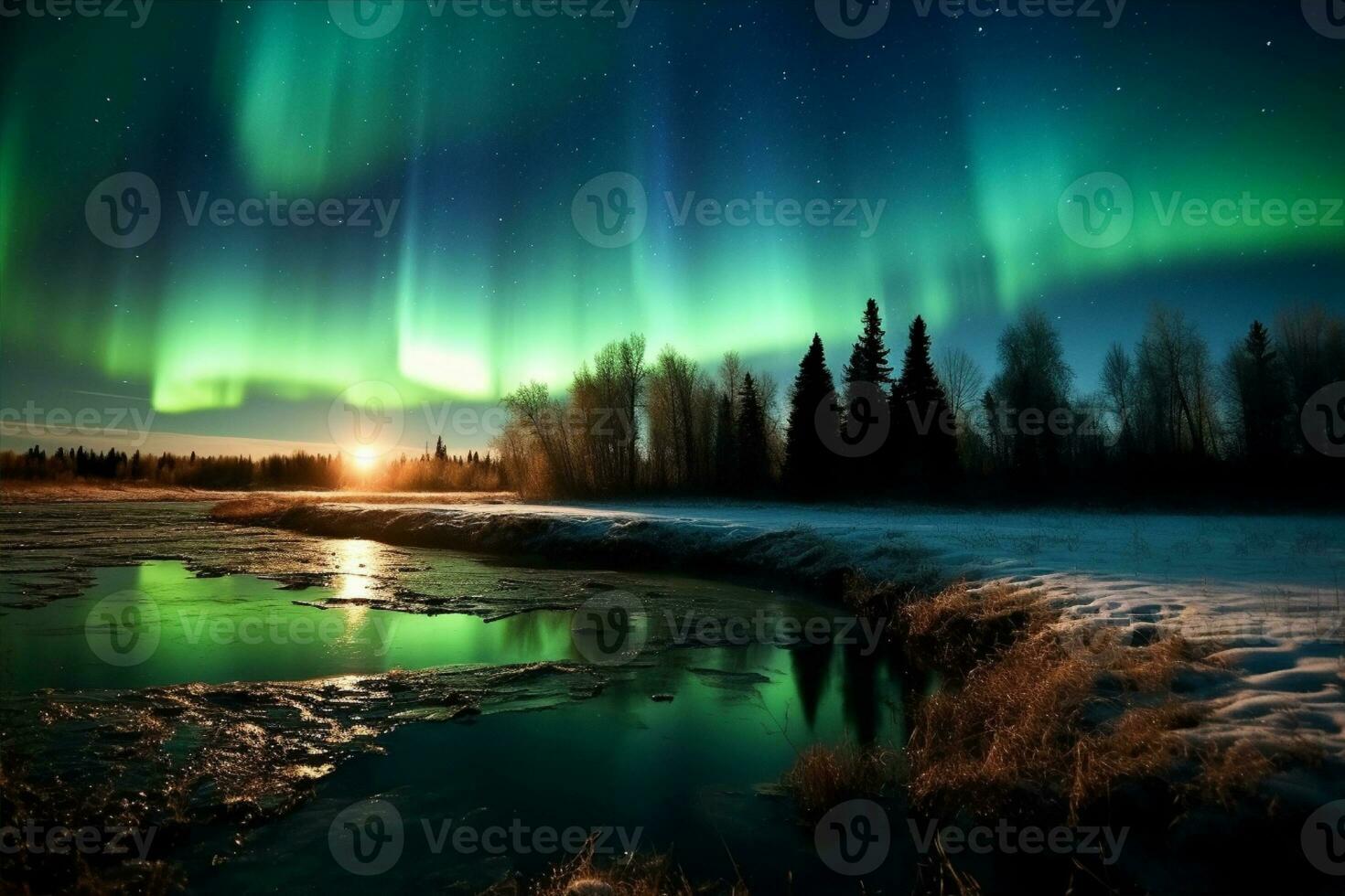 aurora landskap med nordlig lampor, generativ ai foto