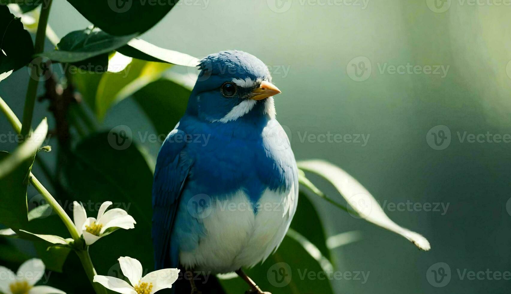 blå fågel uppflugen på en blomma gren skön foto