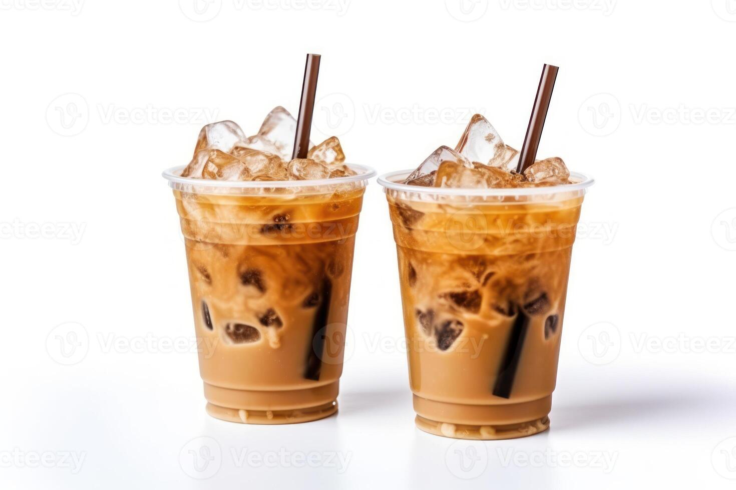 stock Foto av iced kaffe i plast koppar med sugrör isolerat mat fotografi generativ ai