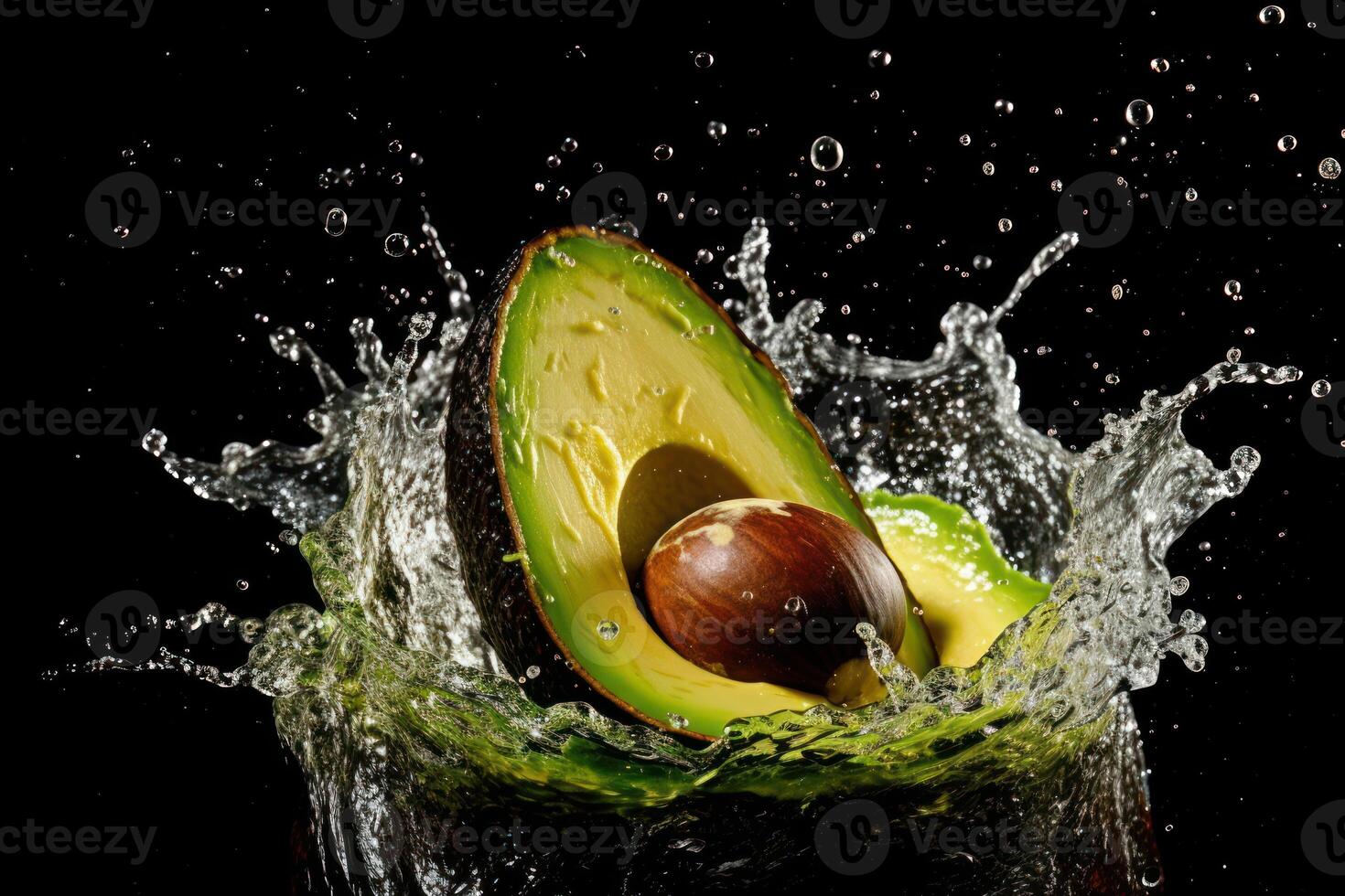 stock Foto av vatten stänk med avokado skiva isolerat mat fotografi generativ ai