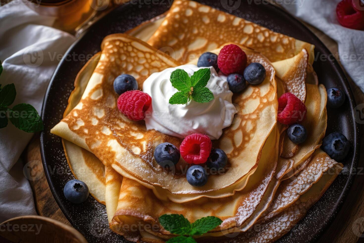 stock Foto av mile crepe på de kök platt lägga fotografi generativ ai