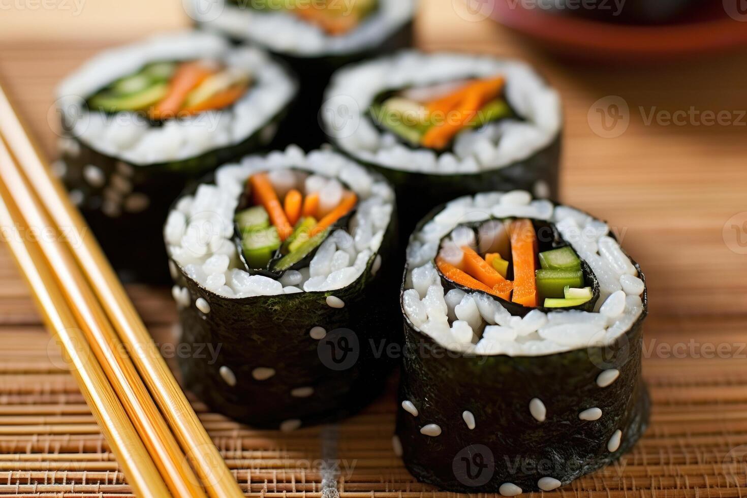 kimbap med ätpinnar fotografi generativ ai foto