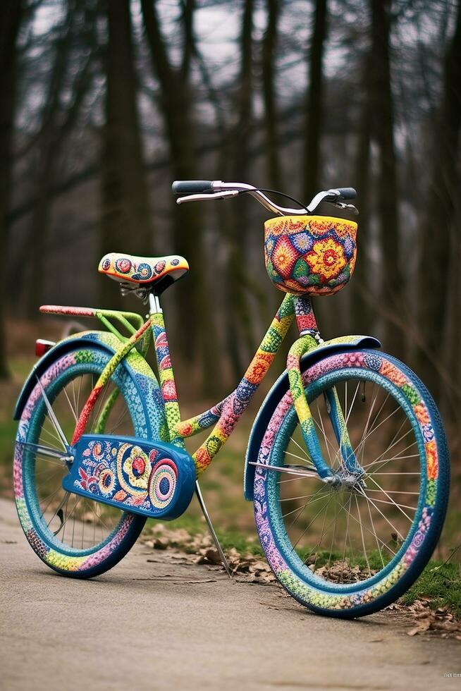 färgrik cykel på de väg, ai genererad foto
