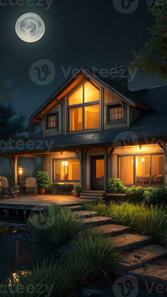 lysande måne i realistisk exteriör hus på natt miljö skapas med generativ ai teknologi foto